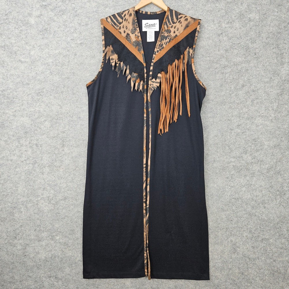Sara Long Vest Women XL Black Animal Print Fringe Western Boho Sleeveless Jacket